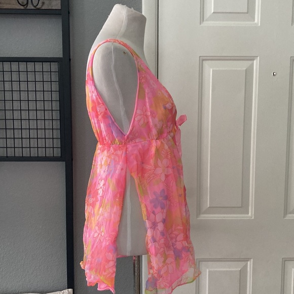 Vintage 60s Retro Floral Nylon Babydoll Top Side Vents M - Picture 2 of 6